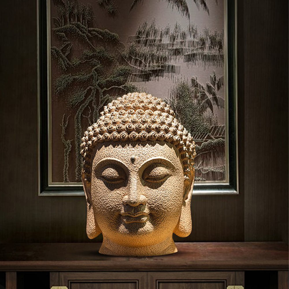 Meditating Buddha Head Statue – placed on wooden shelf in living room zen styling