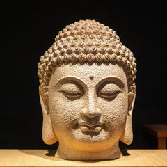 Meditating Buddha Head Statue – front view serene face with half-smile expression detail