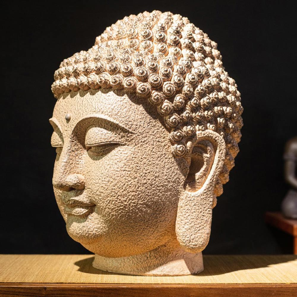 Meditating Buddha Head Statue – closed eyes and long earlobes traditional Buddha feature