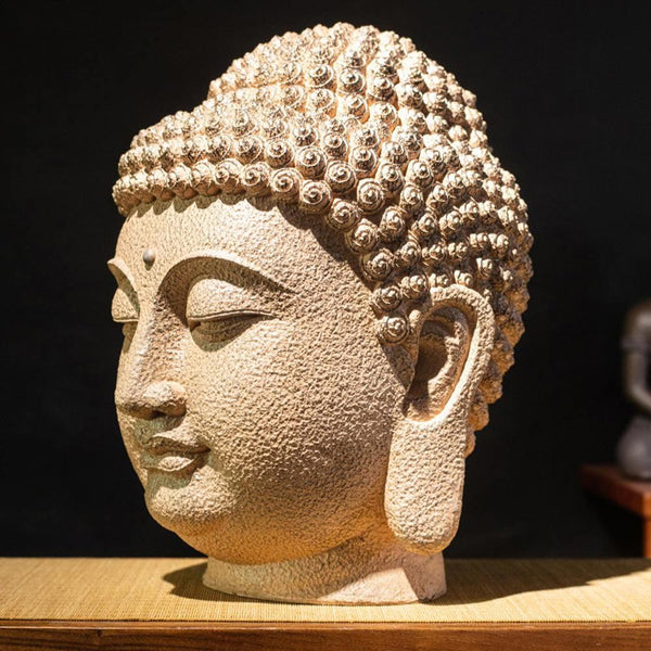 Meditating Buddha Head Statue – closed eyes and long earlobes traditional Buddha feature
