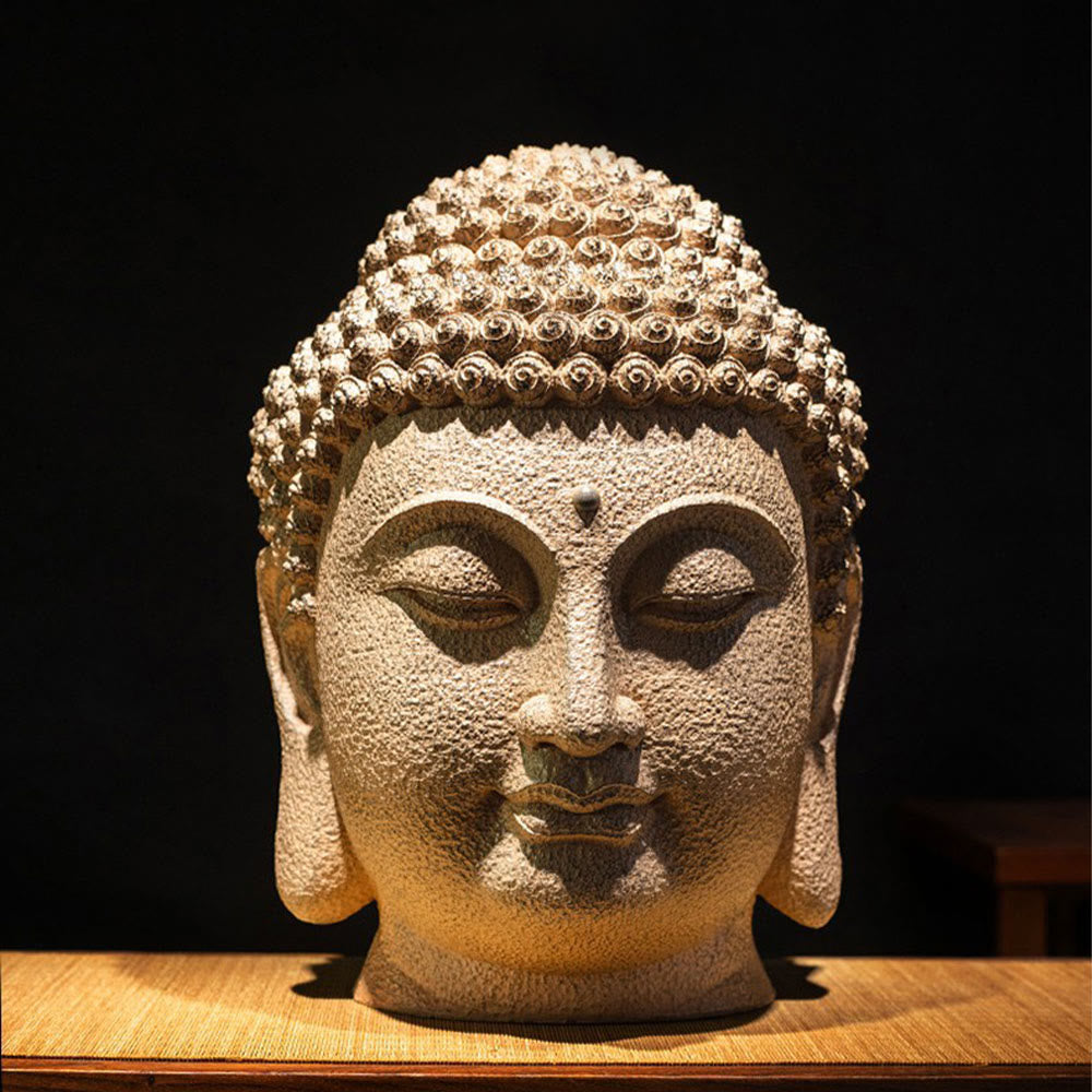 Meditating Buddha Head Statue – 42cm height measurement with tape measure shown
