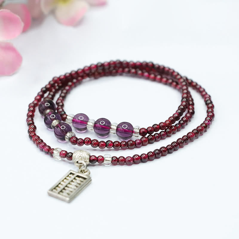 Natural Garnet PiXiu Elephant Abacus Lucky Bag Bracelet – garnet amethyst beads with abacus charm and petals, wealth luck bracelet