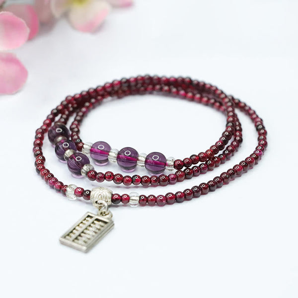 Natural Garnet PiXiu Elephant Abacus Lucky Bag Bracelet – garnet amethyst beads with abacus charm and petals, wealth luck bracelet