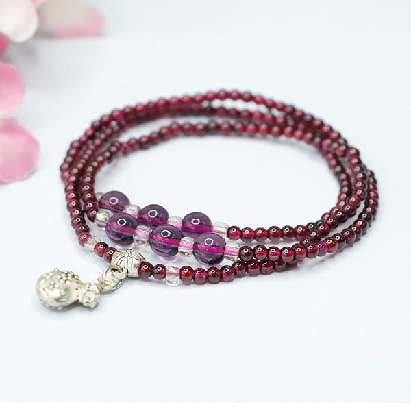 Natural Garnet PiXiu Elephant Abacus Lucky Bag Bracelet – garnet amethyst wrap with silver Pi Xiu charm, protection good fortune