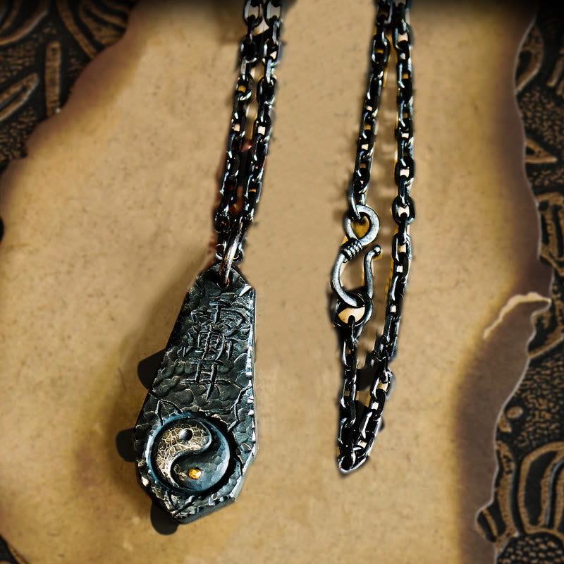 999 Sterling Silver Big Dipper Yin Yang Necklace - Flat lay pendant with S-hook clasp on aged paper, Eastern talisman