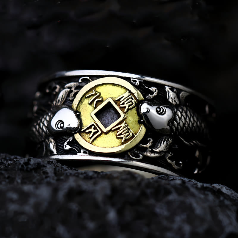 925 Silver Koi Fish Copper Coin Ring – oxidized silver with brass Chinese coin, dual koi fish, dark stone, front view