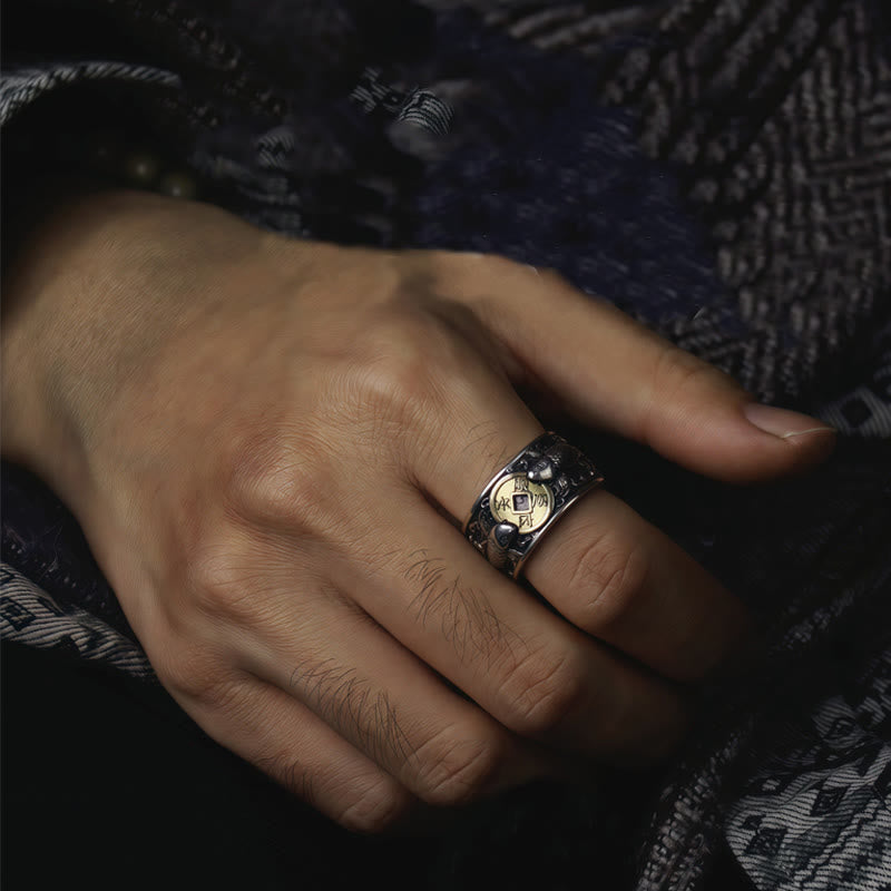 925 Silver Koi Fish Copper Coin Ring – worn on ring finger, silver with gold coin, engraved band, dark denim background