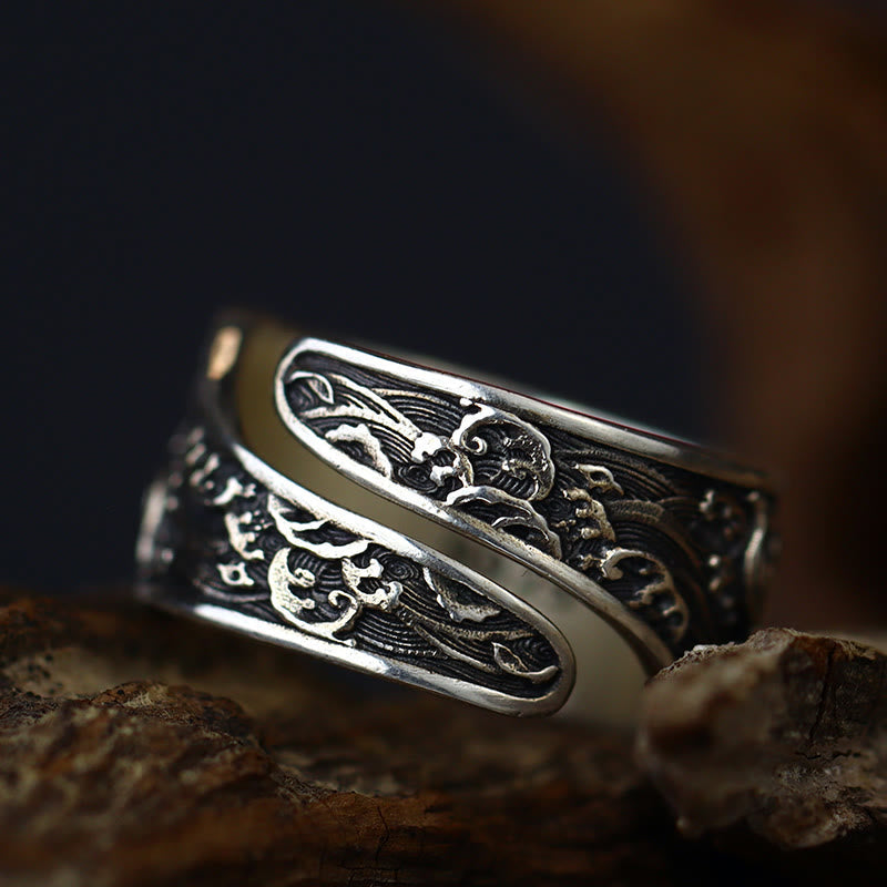 925 Silver Koi Fish Copper Coin Ring – adjustable open band, koi and wave carvings, detail inset, oxidized silver, dark wood