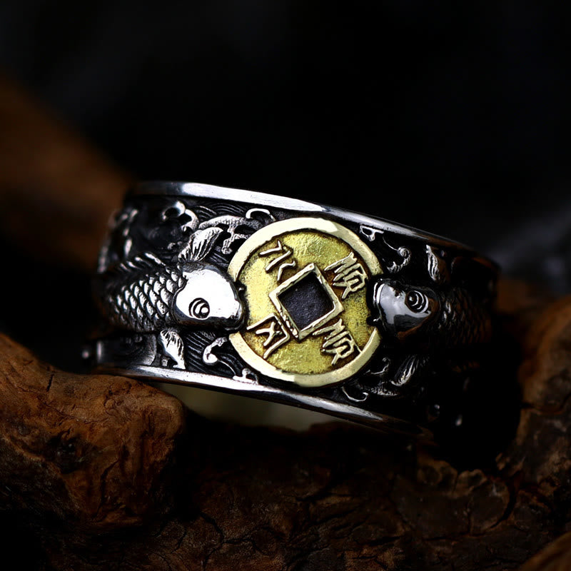 925 Silver Koi Fish Copper Coin Ring – three-quarter side, gold Chinese coin with koi fish, wave patterns, dark wood bg