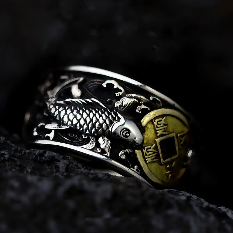 925 Silver Koi Fish Copper Coin Ring – low side macro, koi fish with brass coin accent, dark stone, black background