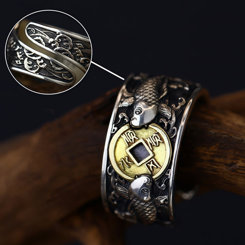 925 Silver Koi Fish Copper Coin Ring – adjustable band, koi and coin, smooth sailing characters, wave scrollwork, inset