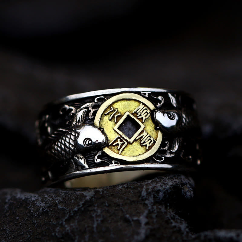 925 Silver Koi Fish Copper Coin Ring – macro side angle, koi fish and Chinese coin, oxidized silver, dark stone, low angle