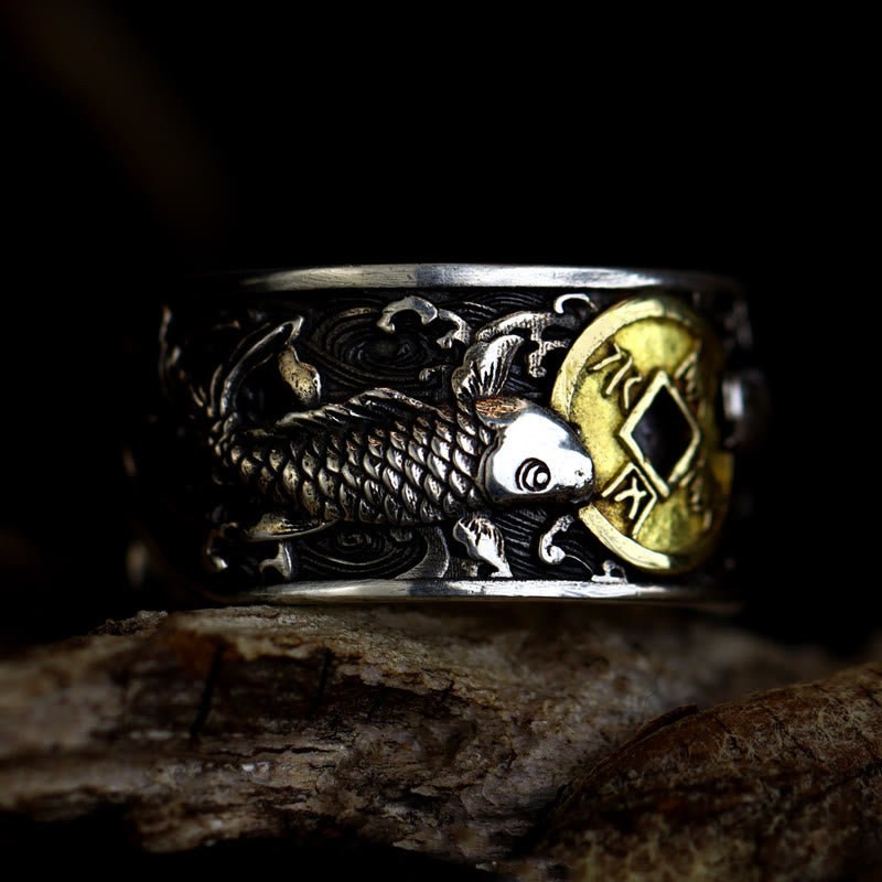 925 Silver Koi Fish Copper Coin Ring – side profile on dark wood, detailed koi with wave patterns, gold coin medallion