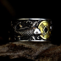 925 Silver Koi Fish Copper Coin Ring – side profile on dark wood, detailed koi with wave patterns, gold coin medallion