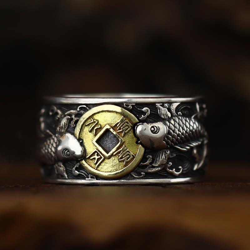 925 Silver Koi Fish Copper Coin Ring – frontal view, twin koi fish and Chinese lucky coin, oxidized silver, dark wood