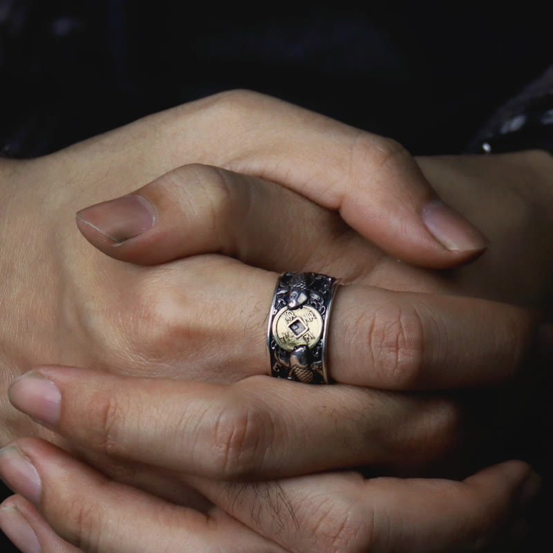925 Silver Koi Fish Copper Coin Ring – worn on hand 45-degree, brass coin centerpiece, relief design, black background