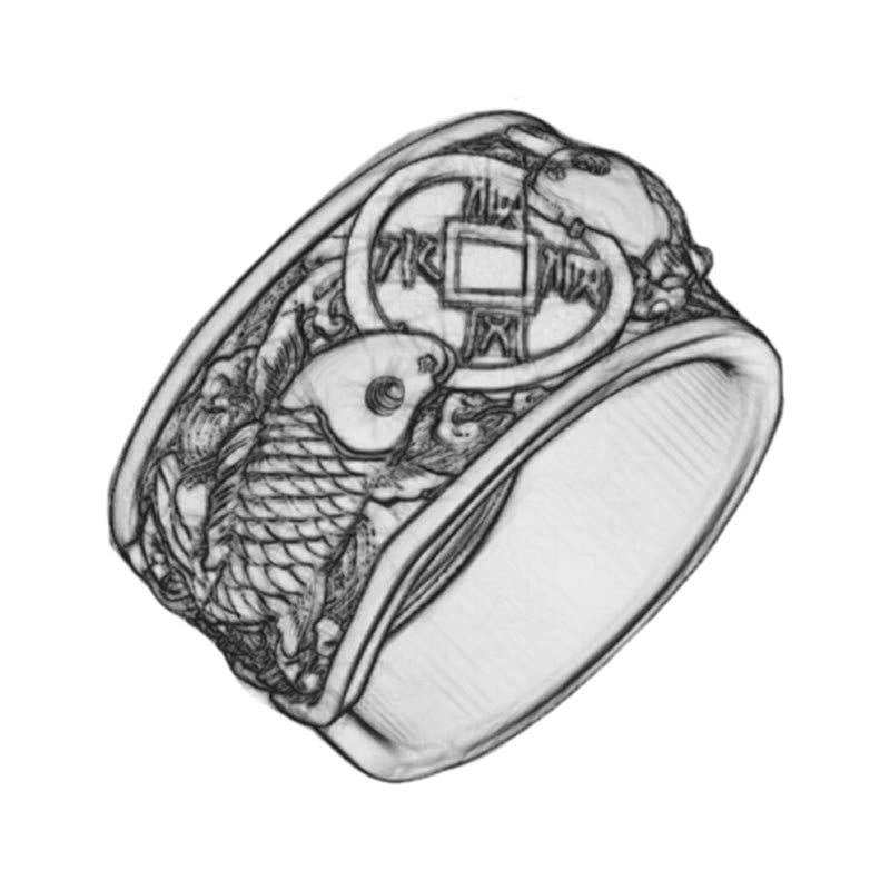 925 Silver Koi Fish Copper Coin Ring – worn on hand, oxidized silver with gold coin and koi fish, detailed relief, dark bg