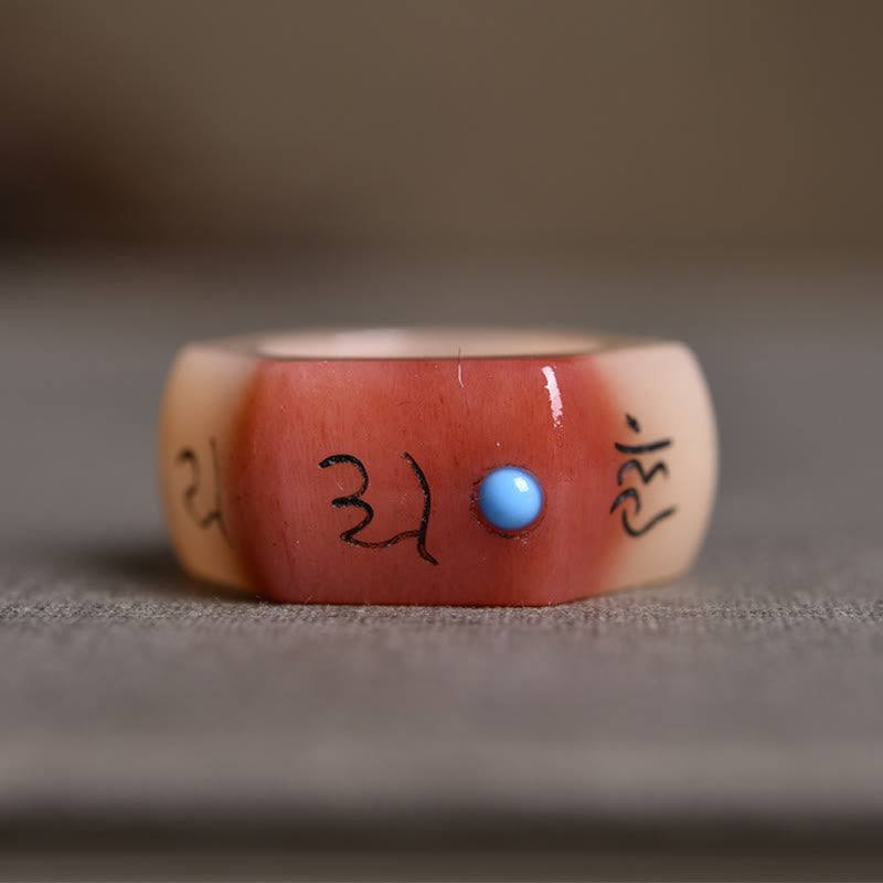 Camel Bone Om Mani Padme Hum Ring - Faceted band with coral-to-ivory gradient and turquoise dot, carved ring