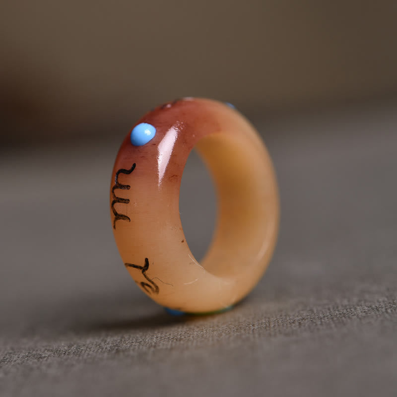 Camel Bone Om Mani Padme Hum Ring - Upright band with three turquoise inlays on reddish-brown bone, mantra ring
