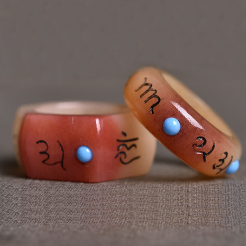 Camel Bone Om Mani Padme Hum Ring - Overlapping pair with coral-pink bone and blue turquoise, prayer ring