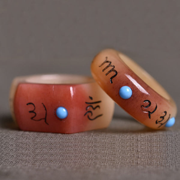 Camel Bone Om Mani Padme Hum Ring - Overlapping pair with coral-pink bone and blue turquoise, prayer ring