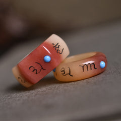 Camel Bone Om Mani Padme Hum Ring - Two stacked rings with coral-pink gradient and turquoise inlays, Tibetan ring
