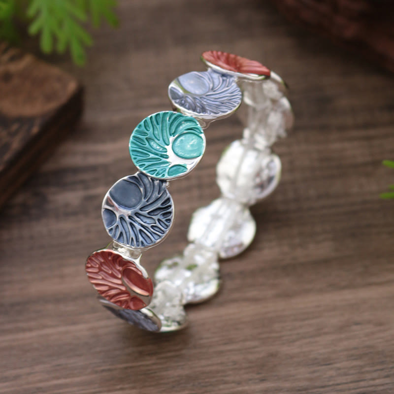 Tree of Life Enamel Alloy Bracelet – teal lavender navy rust enamel on warm wood, silver-tone, three-quarter