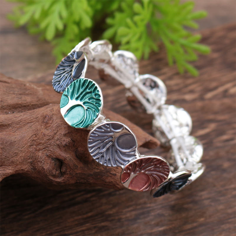 Tree of Life Enamel Alloy Bracelet – teal emerald slate rust enamel on driftwood, clasp detail, angle view