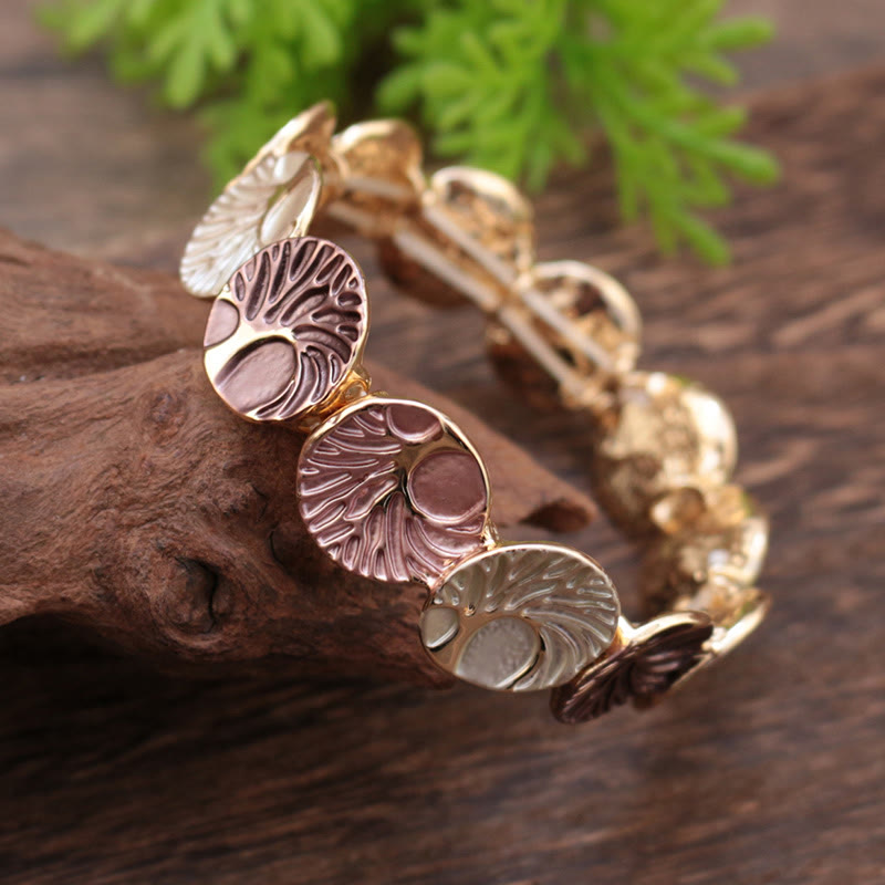 Tree of Life Enamel Alloy Bracelet – mauve and cream enamel on dark driftwood, macro three-quarter close-up