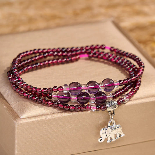 Natural Garnet PiXiu Elephant Abacus Lucky Bag Bracelet – garnet multi-wrap on gold box with elephant charm, protection healing