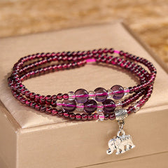 Natural Garnet PiXiu Elephant Abacus Lucky Bag Bracelet – garnet multi-wrap on gold box with elephant charm, protection healing