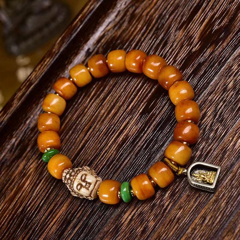 Camel Bone Buddha Bracelet – natural camel bone barrel beads with carved Buddha head