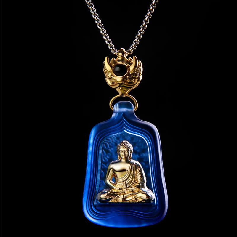 Medicine Buddha Liuli Necklace – close-up of translucent blue crystal Medicine Buddha face