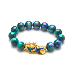 Colorful Sea Willow Pixiu Bracelet – blue-green beads on white background, prosperity jade