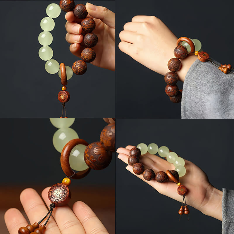 Sappan Wood Engraved Pixiu Fu Bracelet – four frame collage hand wrist charm side angles, good luck feng shui bracelet