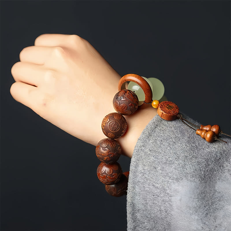 Sappan Wood Engraved Pixiu Fu Bracelet – wrist worn view showing fit and carved details, protection good fortune accessory