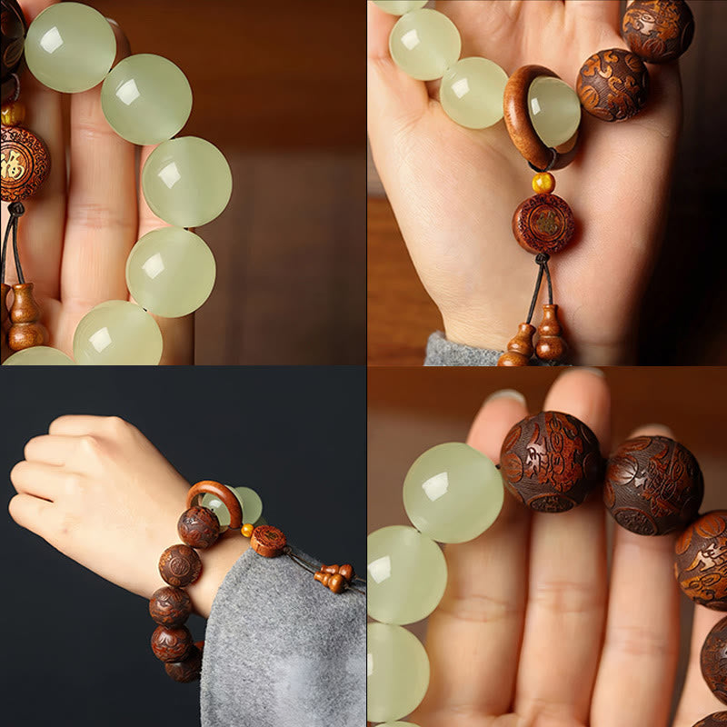 Sappan Wood Engraved Pixiu Fu Bracelet – four panel collage of beads charm wrist and detail, holistic wealth jewelry