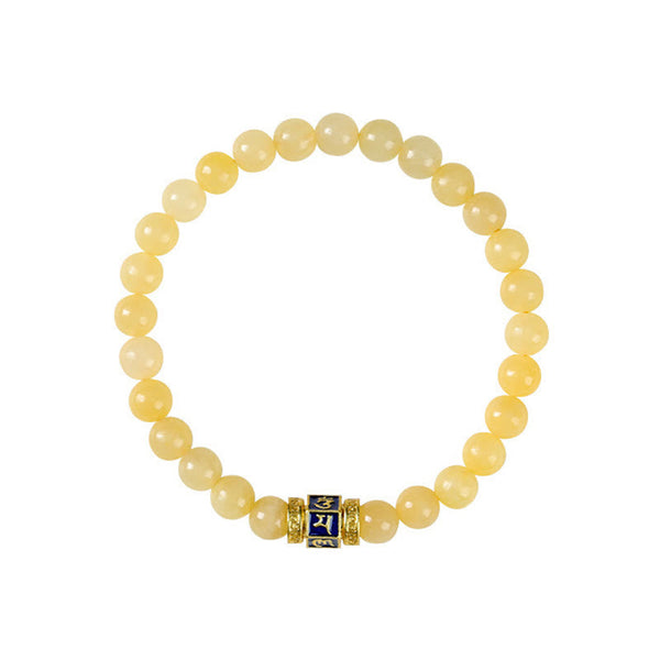 Om Mani Padme Hum Bracelet – Flat lay circle with gold Tibetan mantra barrel bead, zen meditation jewelry