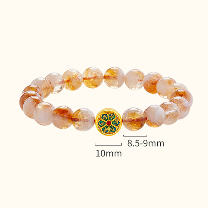 999 Sterling Silver Citrine Om Mani Padme Hum Bracelet – front view on pure white background showing six-petaled dharma wheel enamel charm and natural citrine color variations