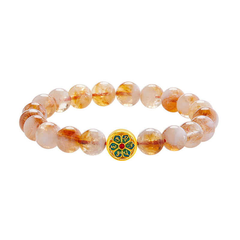 999 Sterling Silver Citrine Om Mani Padme Hum Bracelet – straight-on view with green enamel lotus focal bead and golden amber translucent quartz beads, abundance crystal bracelet