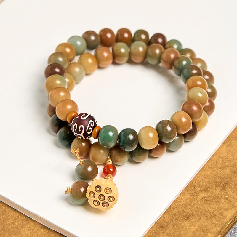 Colorful Bodhi Seed Lotus Pod Double Wrap Bracelet – natural gradient beads with carved lotus pod pendant, spiritual