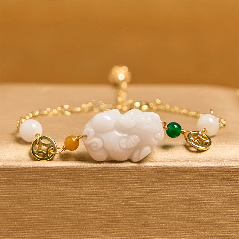 Natural Jade PiXiu Bracelet – white jade Pixiu on gold chain, golden box, feng shui wealth jewelry