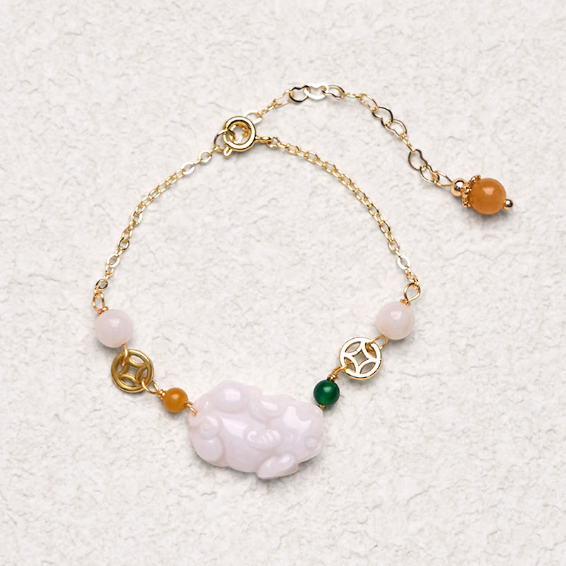 Natural Jade PiXiu Bracelet – full gold chain bracelet white jade Pixiu top view, white background