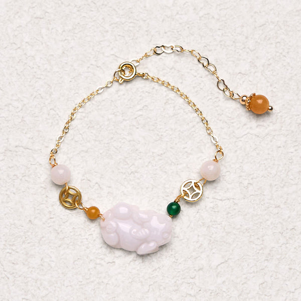 Natural Jade PiXiu Bracelet – full gold chain bracelet white jade Pixiu top view, white background