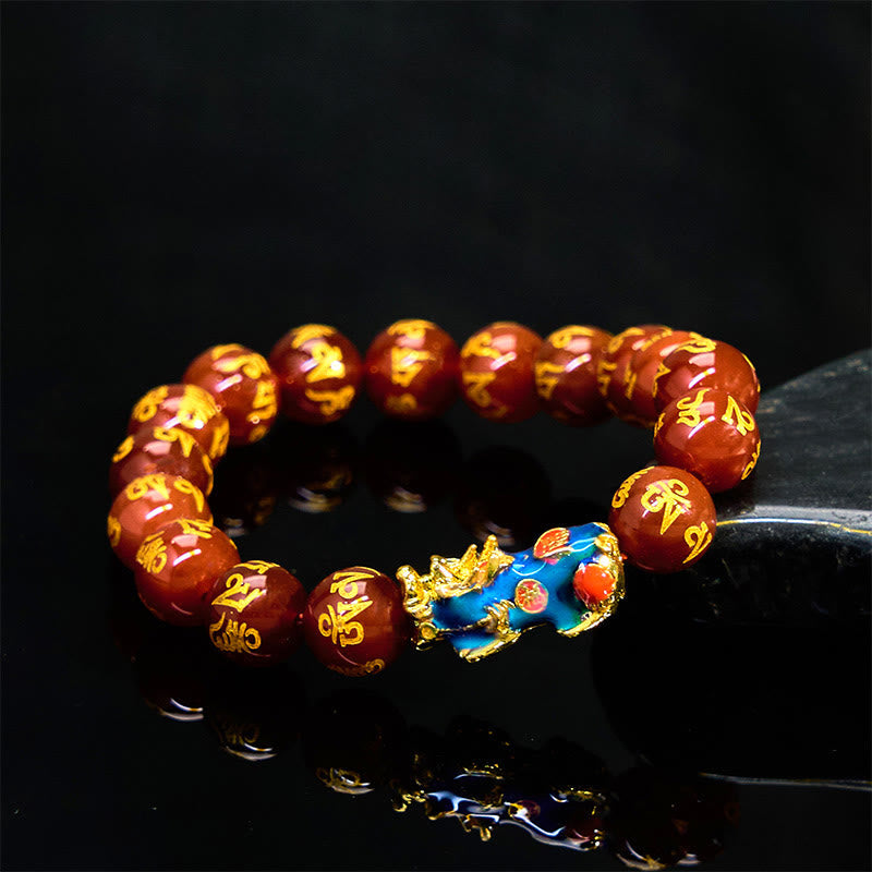 Red Agate PiXiu Color Change Bracelet Om Mani Padme Hum – red agate gold mantra beads with blue Pi Xiu on black, feng shui wealth