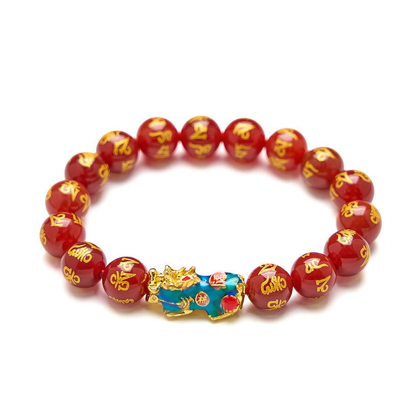 Red Agate PiXiu Color Change Bracelet Om Mani Padme Hum – clean white background product shot gold mantra beads, fortune jewelry