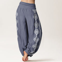 Cotton Mandala Om Harem Pants – side view displaying tapered ankle cuff and ethnic white ornamental stripes, balloon pants