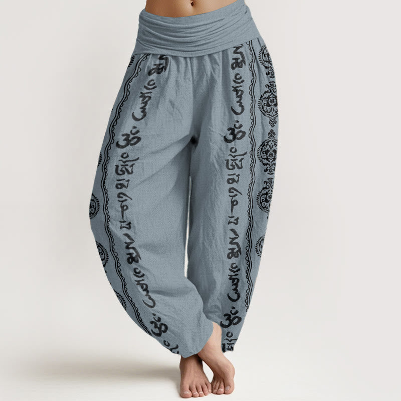 Cotton Mandala Om Harem Pants – slate blue with black Sanskrit mantra print, 3/4 model view, spiritual harem pants