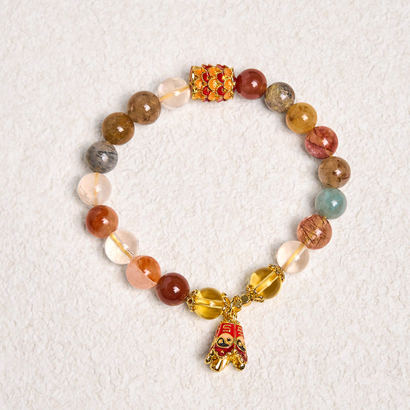 Natural Rutilated Quartz Yin Yang Bracelet - Boho Natural Stone Bracelet with Gold Enamel Lucky Cat Charm, Spiritual Jewelry