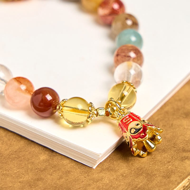 Natural Rutilated Quartz Yin Yang Bracelet - Multi-Gemstone Stretch Bracelet with Red Lucky Hand Charm, Yin Yang Symbol